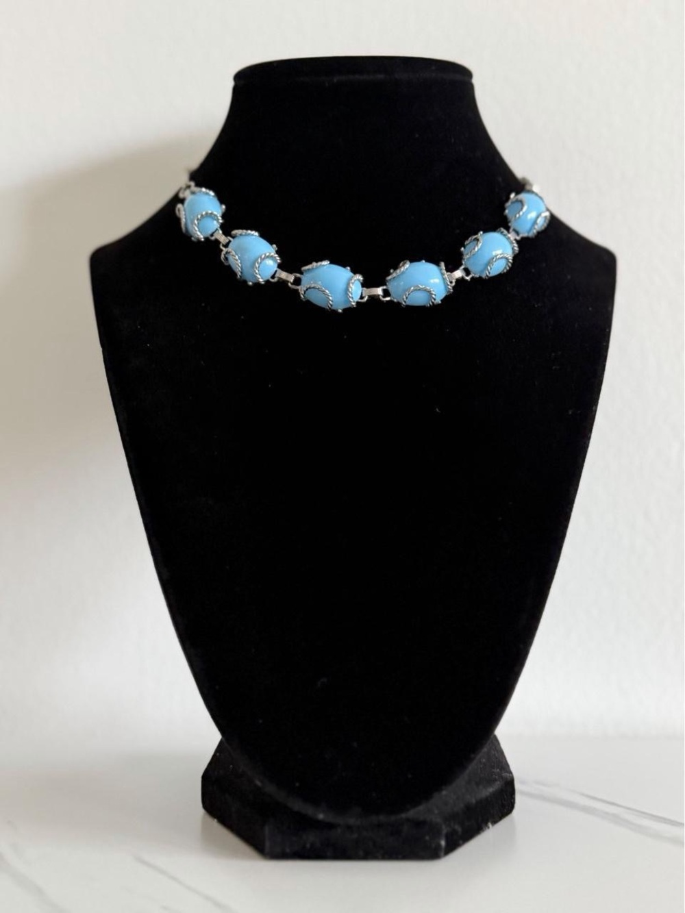 Vintage Blue Cabochon Silver Choker Necklace
